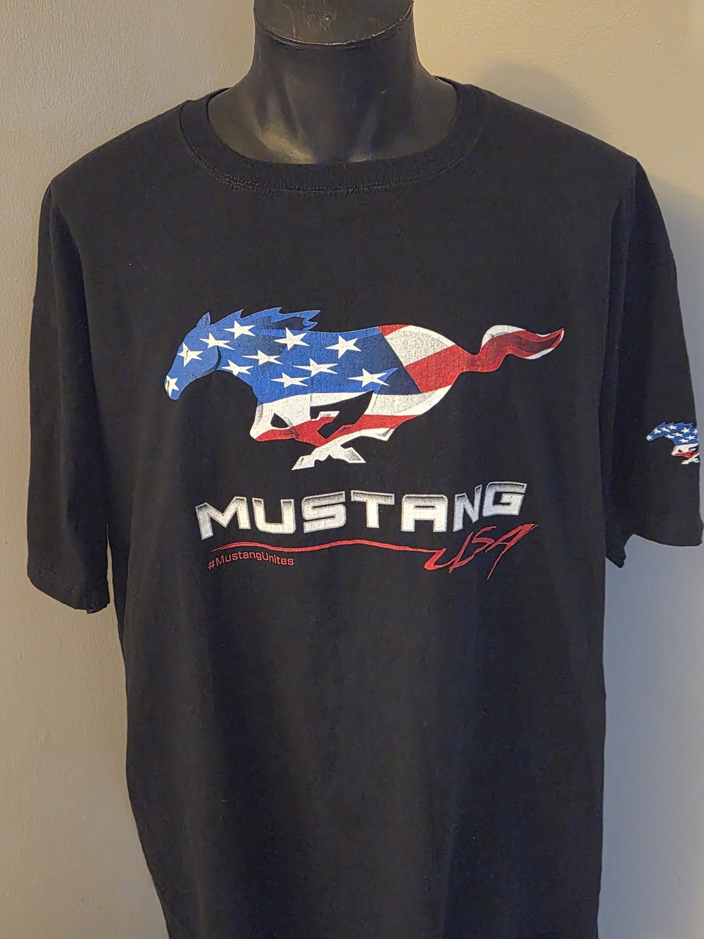 Ford Mustang Black Tee with American Flag Pony Graphic